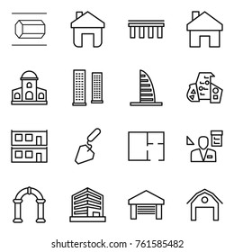 Thin line icon set : nano tube, home, bridge, mansion, skyscrapers, skyscraper, modern architecture, modular house, construction, plan, architector, arch, office, garage, barn