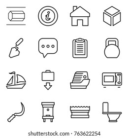 Thin line icon set : nano tube, info, home, 3d, construction, sms, clipboard, heavy, sail boat, baggage get, cruise ship, microwave oven, sickle, hive, sponge, toilet