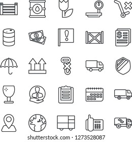 Thin Line Icon Set - navigation vector, earth, important flag, cash, office phone, client, car delivery, term, receipt, container, consolidated cargo, clipboard, fragile, umbrella, up side sign