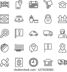Thin Line Icon Set - navigation vector, important flag, satellite, support, mobile tracking, truck trailer, car delivery, clock, term, receipt, sea port, cargo, warehouse storage, up side sign, rack
