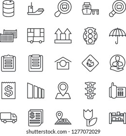 Thin Line Icon Set - navigation vector, pin, traffic light, office phone, client, sea shipping, cargo container, car delivery, receipt, port, consolidated, clipboard, umbrella, warehouse storage