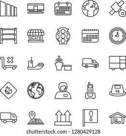 Thin Line Icon Set - navigation vector, earth, important flag, store, satellite, traffic light, office phone, support, sea shipping, car delivery, clock, term, port, consolidated cargo, up side sign