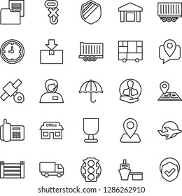 Thin Line Icon Set - navigation vector, store, plane, satellite, traffic light, office phone, support, client, mobile tracking, truck trailer, car delivery, clock, sea port, container, fragile