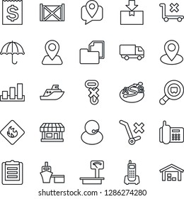 Thin Line Icon Set - navigation vector, pin, store, office phone, support, mobile tracking, sea shipping, car delivery, receipt, port, container, clipboard, folder document, umbrella, no trolley