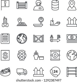 Thin Line Icon Set - navigation vector, earth, important flag, cash, traffic light, office phone, 24 hours, support, sea shipping, car delivery, receipt, port, container, clipboard, up side sign