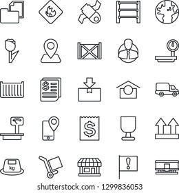 Thin Line Icon Set - navigation vector, earth, important flag, store, satellite, client, mobile tracking, cargo container, car delivery, receipt, folder document, fragile, warehouse storage, tulip