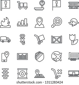 Thin Line Icon Set - navigation vector, pin, railroad, important flag, plane, traffic light, mobile tracking, truck trailer, car delivery, container, cargo, no trolley, hook, tulip, sorting, shield