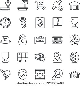 Thin Line Icon Set - navigation vector, railroad, important flag, satellite, cash, traffic light, client, clock, receipt, consolidated cargo, fragile, no trolley, hook, warehouse, shield, heavy