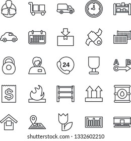 Thin Line Icon Set - navigation vector, satellite, 24 hours, support, client, cargo container, car delivery, clock, term, receipt, fragile, warehouse storage, up side sign, tulip, package, heavy