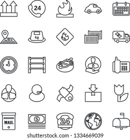 Thin Line Icon Set - navigation vector, earth, satellite, cash, office phone, 24 hours, support, client, cargo container, car delivery, clock, term, up side sign, tulip, package, heavy, flammable