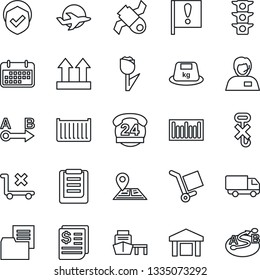 Thin Line Icon Set - navigation vector, important flag, plane, satellite, traffic light, 24 hours, support, cargo container, car delivery, term, receipt, sea port, clipboard, folder document, hook