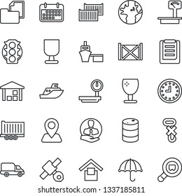 Thin Line Icon Set - navigation vector, earth, satellite, traffic light, client, sea shipping, truck trailer, cargo container, car delivery, clock, term, port, clipboard, folder document, fragile