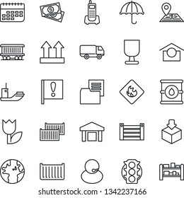Thin Line Icon Set - navigation vector, earth, railroad, important flag, cash, traffic light, office phone, support, sea shipping, cargo container, car delivery, term, folder document, fragile, rack