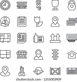 Thin Line Icon Set - navigation vector, pin, railroad, store, plane, traffic light, office phone, client, truck trailer, cargo container, clock, receipt, consolidated, clipboard, fragile, no hook