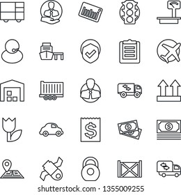 Thin Line Icon Set - navigation vector, plane, satellite, cash, traffic light, support, client, truck trailer, car delivery, receipt, sea port, container, consolidated cargo, clipboard, up side sign