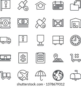 Thin Line Icon Set - navigation vector, earth, important flag, plane, satellite, cash, car delivery, clock, term, receipt, container, consolidated cargo, clipboard, folder document, fragile, mailbox