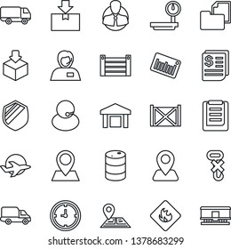 Thin Line Icon Set - navigation vector, pin, plane, support, client, car delivery, clock, receipt, container, clipboard, folder document, no hook, warehouse, package, shield, flammable, oil barrel