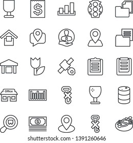 Thin Line Icon Set - navigation vector, pin, store, satellite, cash, traffic light, client, mobile tracking, receipt, clipboard, folder document, fragile, warehouse storage, no hook, tulip, sorting