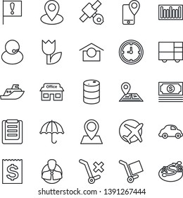 Thin Line Icon Set - navigation vector, pin, important flag, store, plane, satellite, cash, support, client, mobile tracking, sea shipping, car delivery, clock, receipt, consolidated cargo, umbrella