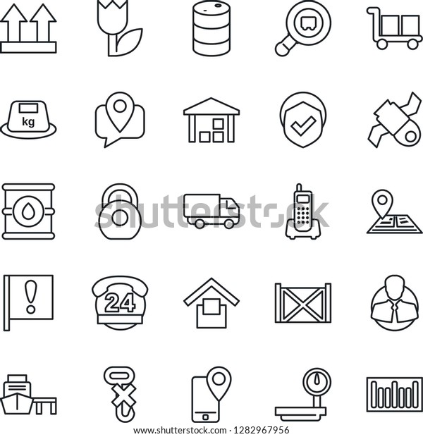Thin Line Icon Set - navigation vector, important\
flag, satellite, office phone, 24 hours, client, mobile tracking,\
car delivery, sea port, container, cargo, warehouse storage, up\
side sign, no hook