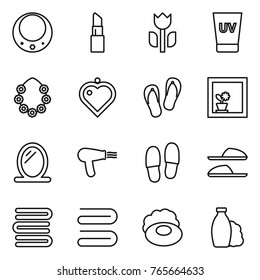 Thin line icon set : necklace, lipstick, perishable, uv cream, hawaiian wreath, heart pendant, flip flops, flower in window, mirror, hair dryer, slippers, towels, towel, soap, shampoo