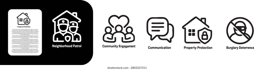 thin line icon set of neighborhood patrol, community engagement , communication , property portion