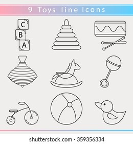 Thin line icon set of new born and baby toys. Modern funny outlined kids design for baby shower. Childhood collection Ã¢?? blocks with letters, whirligig, bicycle, rattle, ball, duck, drum and pyramid.