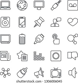 Thin Line Icon Set - news vector, loudspeaker, tv, equalizer, network, cell phone, touch screen, speaker, monitor, laptop pc, share, finger down, favorites list, heart, paper pin, battery, rca, hdmi