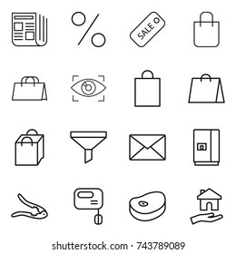 thin line icon set : newspaper, percent, sale, shopping bag, eye identity, funnel, mail, fridge, walnut crack, mixer, steake, housing
