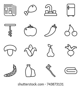 thin line icon set : newspaper, chicken leg, water tap, fridge, corkscrew, tomato, hot pepper, cherry, mushroom, corn, pear, beet, peas, shampoo, tooth brush, towel