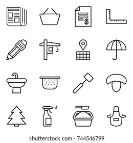 thin line icon set : newspaper, basket, account balance, ruler, pencil, tower crane, map, dry cargo, sink, colander, meat hammer, mushroom, spruce, sprayer, washing powder, apron