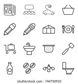 thin line icon set : newspaper, structure, electric car, basket, pencil, greenhouse, cafe, baggage trolley, sink, colander, meat hammer, ketchup, coffee seeds, hard reach place cleaning, toilet