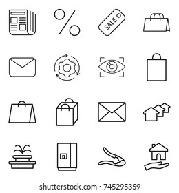 thin line icon set : newspaper, percent, sale, shopping bag, mail, around gear, eye identity, houses, fountain, fridge, walnut crack, housing