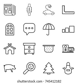 thin line icon set : newspaper, smart watch, electric car, ruler, arch window, sms, dry cargo, sorting, bungalow, nightstand, colander, food processor, pig, viruses, spruce, apron