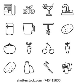 thin line icon set : newspaper, bio, cocktail, water tap, fridge, cup, corkscrew, potato, tomato, carrot, cherry, shampoo, tooth brush, wiping