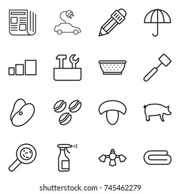 thin line icon set : newspaper, electric car, pencil, dry cargo, sorting, repair tools, colander, meat hammer, beans, coffee seeds, mushroom, pig, viruses, sprayer, hard reach place cleaning, towel