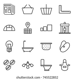 thin line icon set : newspaper, basket, ruler, greenhouse, map, sorting, detector, bulb, bath, colander, beans, coffee seeds, hard reach place cleaning, toilet, apron