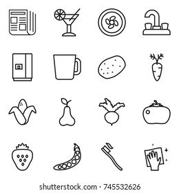 thin line icon set : newspaper, cocktail, cooler fan, water tap, fridge, cup, potato, carrot, corn, pear, beet, tomato, strawberry, peas, tooth brush, wiping