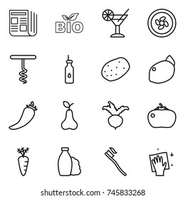 thin line icon set : newspaper, bio, cocktail, cooler fan, corkscrew, vegetable oil, potato, lemon, hot pepper, pear, beet, tomato, carrot, shampoo, tooth brush, wiping