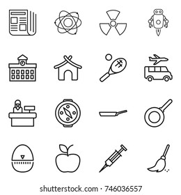thin line icon set : newspaper, atom, nuclear, jet robot, university, bungalow, tennis, transfer, reception, compass, pan, egg timer, apple, syringe, broom