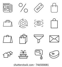 thin line icon set : newspaper, percent, sale, shopping bag, around gear, eye identity, funnel, mail, houses, fountain, mixer, steake