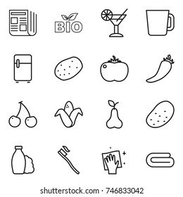 thin line icon set : newspaper, bio, cocktail, cup, fridge, potato, tomato, hot pepper, cherry, corn, pear, shampoo, tooth brush, wiping, towel