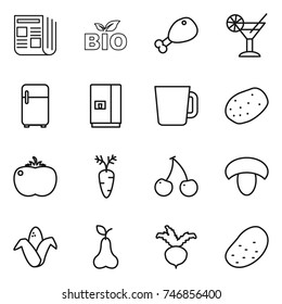 thin line icon set : newspaper, bio, chicken leg, cocktail, fridge, cup, potato, tomato, carrot, cherry, mushroom, corn, pear, beet