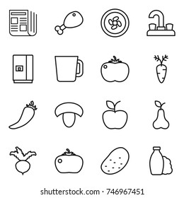 thin line icon set : newspaper, chicken leg, cooler fan, water tap, fridge, cup, tomato, carrot, hot pepper, mushroom, apple, pear, beet, potato, shampoo