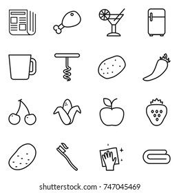thin line icon set : newspaper, chicken leg, cocktail, fridge, cup, corkscrew, potato, hot pepper, cherry, corn, apple, strawberry, tooth brush, wiping, towel