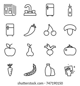 thin line icon set : newspaper, water tap, fridge, vegetable oil, hot pepper, cherry, mushroom, apple, pear, beet, tomato, carrot, peas, shampoo, wiping