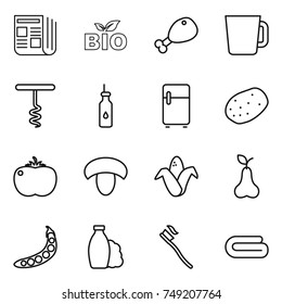 thin line icon set : newspaper, bio, chicken leg, cup, corkscrew, vegetable oil, fridge, potato, tomato, mushroom, corn, pear, peas, shampoo, tooth brush, towel