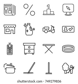 thin line icon set : newspaper, percent, pedestal, monitor arrow, shop, cleanser, scooter shipping, check in, remote control, nightstand, iron board, inflatable pool, steam pan, rake