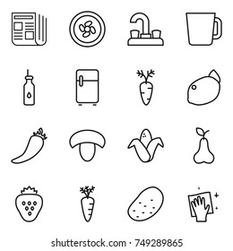 thin line icon set : newspaper, cooler fan, water tap, cup, vegetable oil, fridge, carrot, lemon, hot pepper, mushroom, corn, pear, strawberry, potato, wiping