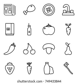 thin line icon set : newspaper, chicken leg, cooler fan, water tap, fridge, vegetable oil, tomato, carrot, hot pepper, cherry, mushroom, pear, strawberry, shampoo, tooth brush